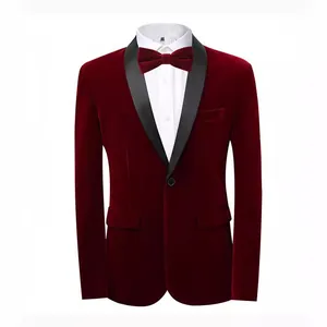 Elegant wine red velvet tuxedo with black shawl lapel for formal evening events.