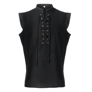 Front detail view of a black medieval sleeveless lace-up vest for men's costumes.