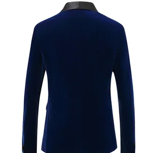 Men's elegant royal blue velvet blazer jacket featuring a black satin collar, back view