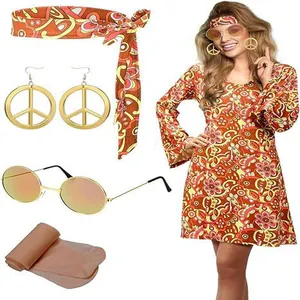 70er Hippie-Disco-Kostümset mit Blumenkleid, Stirnband, Ohrringen und runder Sonnenbrille.