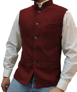 Men's burgundy herringbone vest featuring a mandarin collar and five button closure