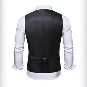 Classic black men's formal suit vest back view with adjustable buckle waist strap