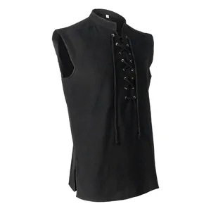 Detailed view of a black medieval vintage lace-up sleeveless vest for men's costumes