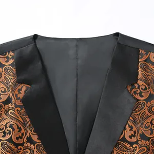 Detailed view of men's paisley jacquard waistcoat with black satin lapel for formal events