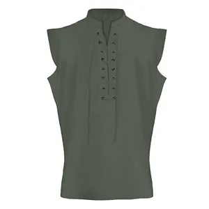 Detail view of the lace-up front and fabric texture on a medieval olive green men's vest