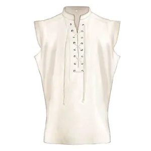 Vintage men's medieval sleeveless tunic vest featuring a front lace-up design for Halloween.