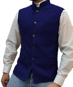 Elegant blue herringbone men's vest with a stand collar and single-breasted button design