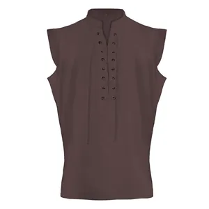 Detailed view of the dark brown lace-up medieval vest for men's vintage costume