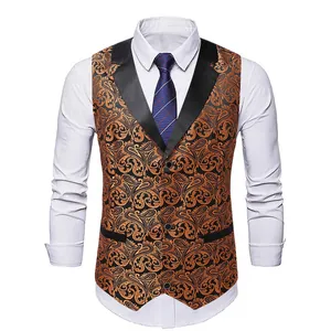 Elegant orange paisley jacquard vest set with black lapels for men's formal wear