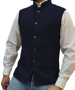 Close-up detail of navy blue herringbone patterned vest featuring a mandarin collar