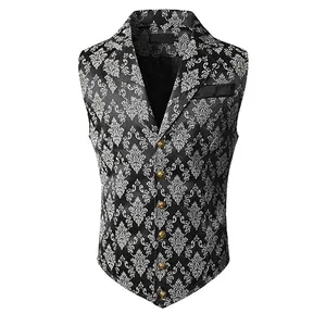 Front detailed view of British retro slim fit men's vest with silver paisley pattern.