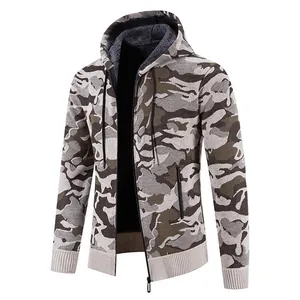 Detail showing men's camouflage knit jacket with plush fleece lining and hood