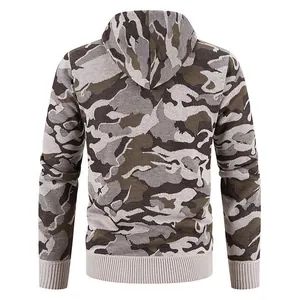 Back view of men's knitted camouflage hoodie with ribbed hem and cuffs