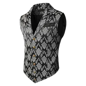 Detail view of vintage damask patterned men's suit vest with gold buttons and lapel