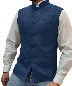 Detail view of blue herringbone pattern on men's stand collar waistcoat vest