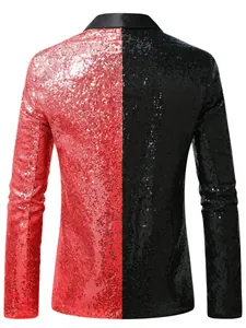 Detail of men's sequin stage blazer featuring a red and black split color design