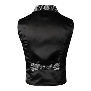 Detailed back view of a slim-fit black men's waistcoat with adjustable floral buckle strap