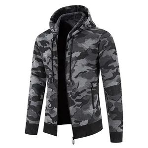 Detailed view of men's camouflage knitted hoodie jacket with warm fleece lining