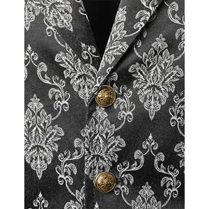 Close-up of British vintage floral pattern on grey suit vest with ornate gold buttons