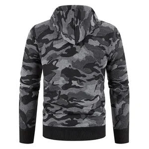 Detailed back view of men's grey camouflage hooded knit jacket with ribbed hem