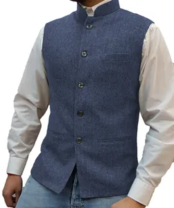 Detail view of men's blue herringbone Nehru collar waistcoat vest with premium texture