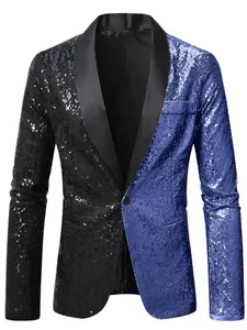 Front view detail of a men's black and blue sequin stage tuxedo blazer jacket