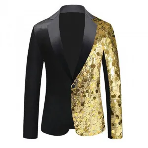 Eleganter Herren-Modeblazer mit auffälligen Goldpailletten und schwarzem Color-Block-Design