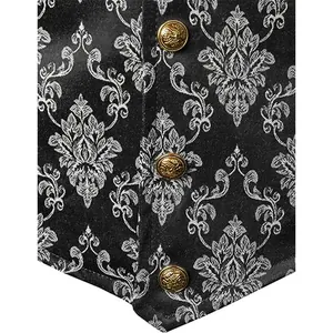 Close-up detail of vintage damask floral pattern and gold buttons on men's vest