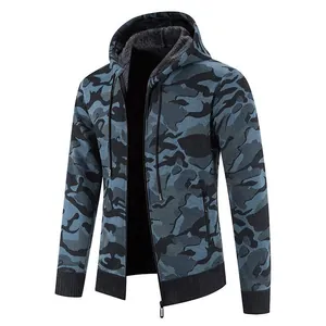 Detailed front view of men's blue camouflage hooded knit jacket with thick fleece lining