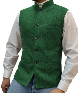 Close-up of green herringbone vest with mandarin collar and classic five-button design