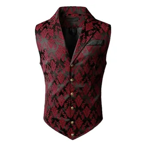 Vintage red and black floral brocade men's slim fit waistcoat with gold buttons