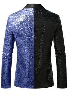 Back view of men's bicolor blue and black sequin stage performance blazer jacket