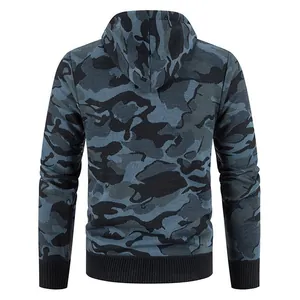 Detailed back view of men's knitted camouflage hooded sweater jacket with ribbed cuffs.