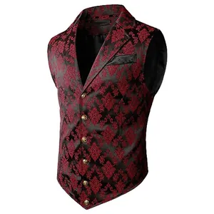 Close-up of men's red and black floral jacquard slim fit suit vest with gold buttons.