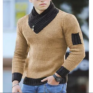 Men's British style tan long sleeve turtleneck knitted sweater with a zipper cowl neck detail