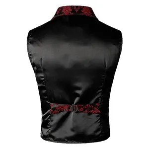 Detailed back view of men's slim-fit satin vest with red floral jacquard