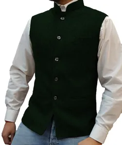 Classic men's herringbone wool blend waistcoat with stand collar in elegant dark green