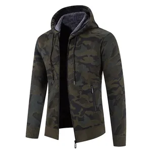 Full view of men's camouflage hooded knit cardigan jacket with warm fleece lining inside