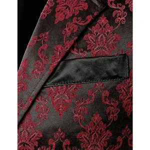 Close-up detail of men's retro damask suit vest featuring a black satin pocket welt