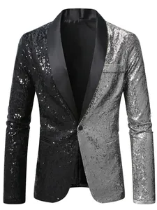 Detailed view of a stylish men's split-color sequin blazer featuring a satin shawl lapel.