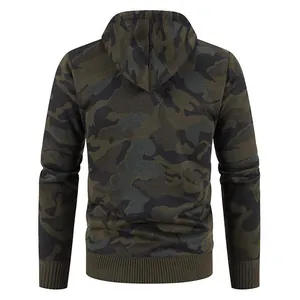 Back view of a men's camouflage knitted hoodie jacket with ribbed cuffs and hem.