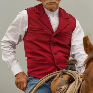 Detailed close-up of a men's red herringbone slim-fit vest showing texture and lapels.