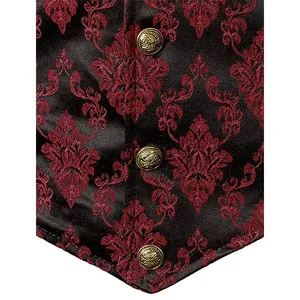 Detail of red damask jacquard fabric and ornate gold buttons on men's vintage vest