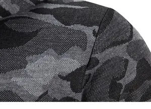 Close-up macro detail of men's camouflage knit cardigan jacket showing fabric texture