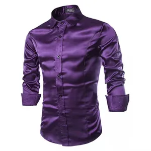 Close-up of luxury purple satin men's dress shirt with shiny silk-like texture
