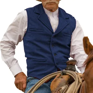Close-up detail of blue herringbone vest for men featuring a classic western cowboy style