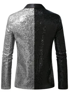 Back view of a men's sequin blazer featuring a split silver and black design