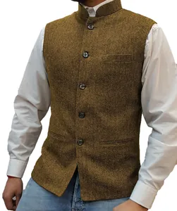 Close-up detail of a brown herringbone tweed waistcoat featuring a classic stand-up collar.