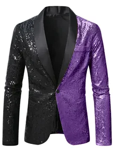 Close-up detail of the split black and purple sequin texture on this men's stage blazer