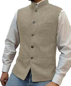 Close-up of a classic men's beige herringbone vest with a mandarin collar design